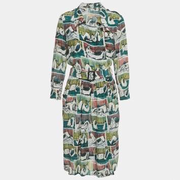 Pre Owned Burberry Green Reclining Figures Silk Trench Midi Dress S