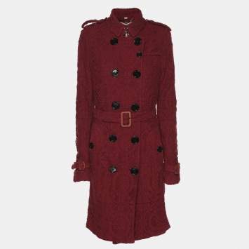 Pre Owned Burberry Burgundy Lace Double Breasted Belted Trench Coat L