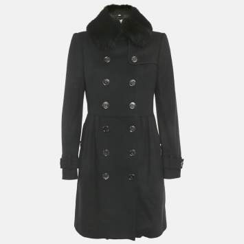 Pre Owned Burberry Black Wool Blend Detachable Fur Collar Coat S