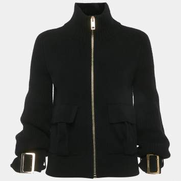 Pre Owned Burberry Black Rib Knit Belted Cuff Jacket XS