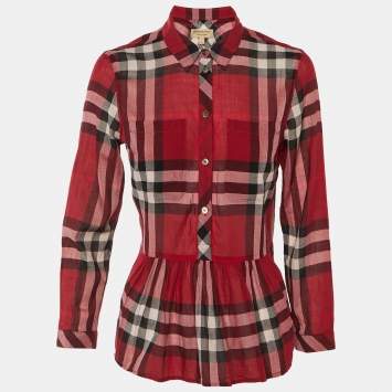 Pre Owned Burberry Red Checkered Print Cotton Top M