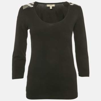 مملوكة مسبقًا Burberry Black Checks Trim Jersey Long Sleeve T-Shirt S