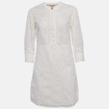 Pre Owned Burberry White Cotton Daniela Eyelet Shirt Dress S