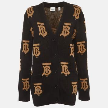 Pre Owned Burberry Black Monogram Jacquard Wool Cardigan XS