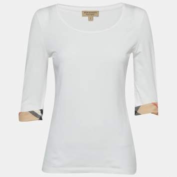 Pre Owned Burberry White Nova Check Jersey Scoop Neck Top S