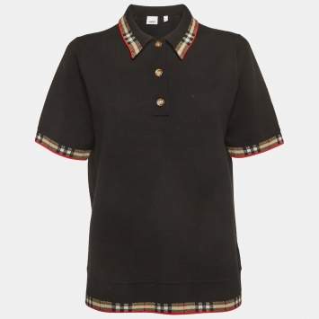 مملوكة مسبقًا Burberry Black Checks Collar Knit Polo T-Shirt L