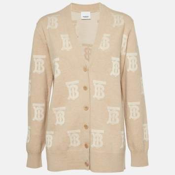 مملوكة مسبقًا Burberry Beige TB Jacquard Knit Cardigan M