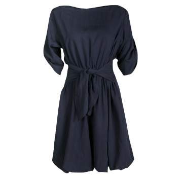 Pre Owned Burberry Brit Navy Blue Waist Tie Detail Boat Neck Dress M