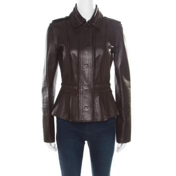 Pre Owned Burberry Prorsum Brown Lamb Leather Fringed Trim Jacket S