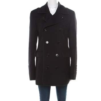 Pre Owned Burberry London Black Wool Double Breasted Coat L
