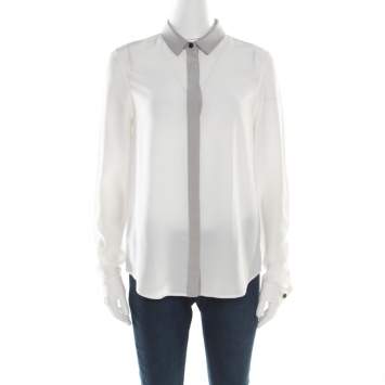 Pre Owned Burberry London Grey and White Colorblock Silk Long Sleeve Shirt S
