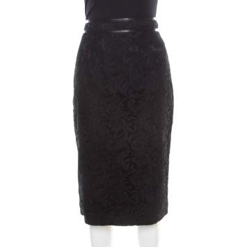 Pre Owned Burberry London Black Floral Lace Leather Trim Detail Pencil Skirt S
