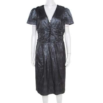 Pre Owned Burberry London Metallic Silver Jacquard Plunge Neck Short Sleeve Dress M