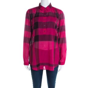 Pre Owned Burberry Brit Pink and Black Checked Cotton Voile Shirt XS