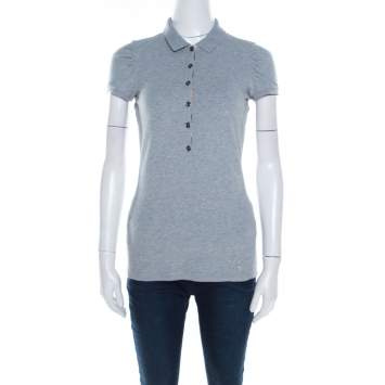 Pre Owned Burberry Brit Grey Pique Cotton Novacheck Trim Puffed Sleeve Polo T-Shirt S