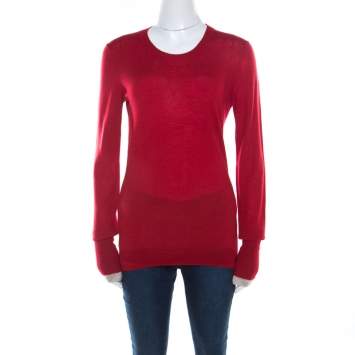 Pre Owned Burberry Brit Red Rib Knit Merino Wool Novacheck Trim Long Sleeve Sweater M