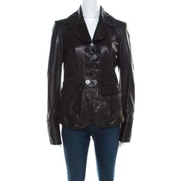 Pre Owned Burberry Black Leather Double Button Panel Peplum Moto Jacket M
