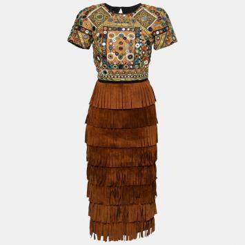 Pre Owned Burberry Prorsum Russet Brown Mirror Embellished Fringed Suede Midi Dress S