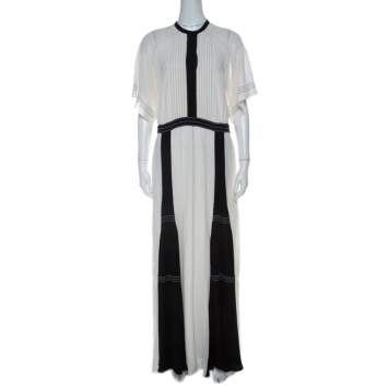 Pre Owned Burberry Black and White Chiffon Pintuck Bodice Maxi Dress M 
