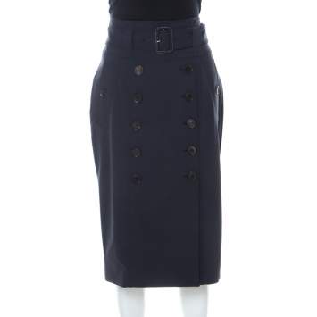 Pre Owned Burberry Navy Blue Stretch Crepe Button Front Trench Midi Skirt L 