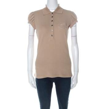 Pre Owned Burberry Beige Cotton Puff Sleeve Polo T-Shirt S