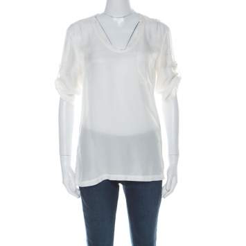 Pre Owned Burberry Brit Cream Jersey and Silk Patch Pocket Detail T Shirt S 