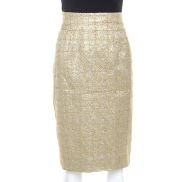 Pre Owned Burberry Metallic Jacquard Lame Pencil Skirt L