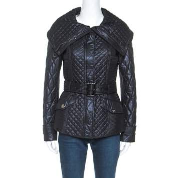 Pre Owned Burberry Black Quilted Zip Front Belted Jacket S