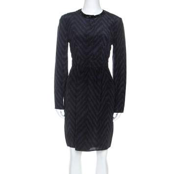 Pre Owned Burberry Black & Blue Printed Silk Collar Detail Midi Dress M