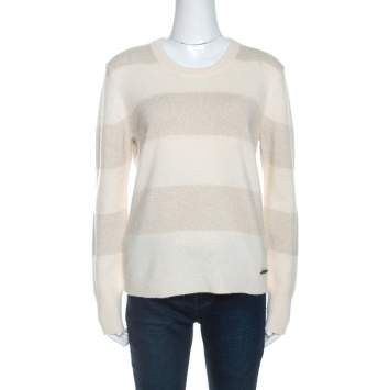 Pre Owned Burberry Cream Cashmere Knit Metallic Weave Detail Striped Jumper L