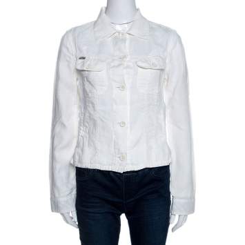 Pre Owned Burberry Off White Linen Pocket Detail Button Front Shirt S