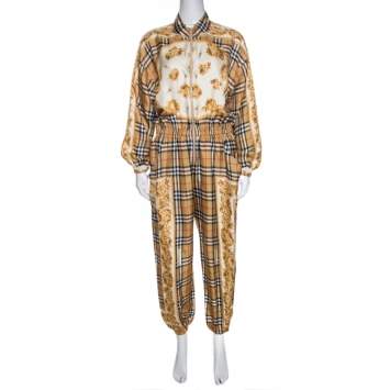 Pre Owned Burberry Beige Nova Check Printed Silk Jumpsuit S