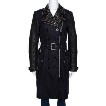 Pre Owned Burberry Brit Black Leather Trim Studded Trench Coat S