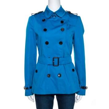 Pre Owned Burberry Blue Cotton Double Breasted Trench Coat M