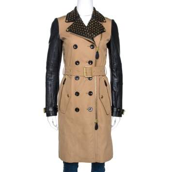 Pre Owned Burberry Brit Bicolor Cotton Leather Trim Studded Coat XS
