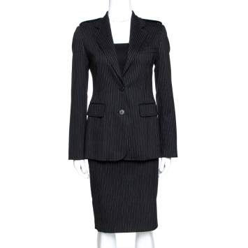 Pre Owned Burberry Black Pinstripe Wool Tailored Skirt Suit S