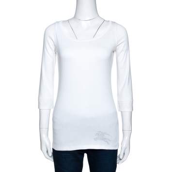 Pre Owned Burberry Brit White Logo Print Cotton Check Trim Top S