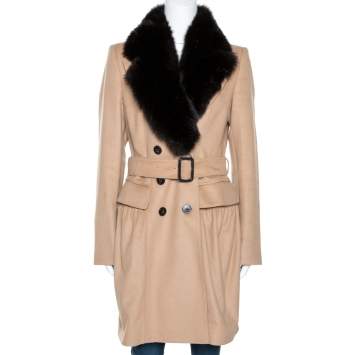 Pre Owned Burberry Beige Cashmere and Fox Fur Lined Belted Coat M