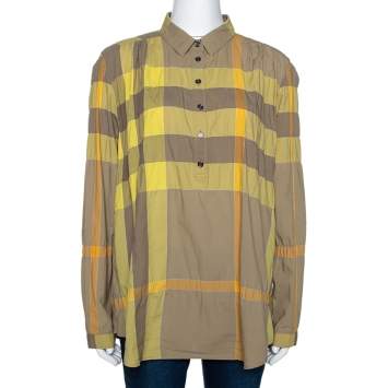 Pre Owned Burberry Brit Yellow Exploded Check Cotton Half Placket Shirt L