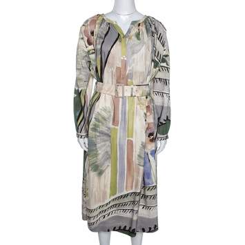 Pre Owned Burberry Prorsum Linen & Silk Blend Abstract Print Belted Midi Dress M