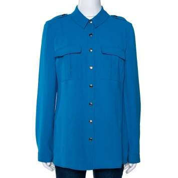 Pre Owned Burberry Azure Blue Crepe Button Front Safari Shirt L