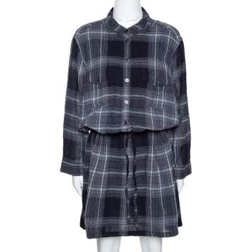 Pre Owned Burberry Brit Grey Plaid Wool Drawstring Detail Midi Dress L