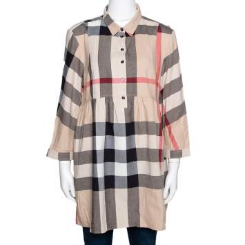 Pre Owned Burberry Brit Beige Exploded Check Cotton Tunic Top L