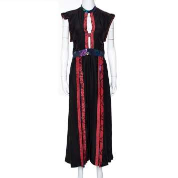 Pre Owned Burberry Black Silk Paneled Open Back Midi Dress M
