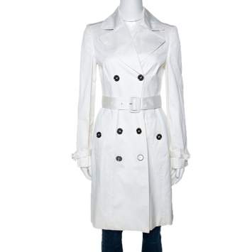 Pre Owned Burberry White Cotton Double Breasted Belted Trench Coat S