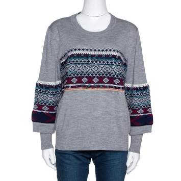 Pre Owned Burberry Grey Melange Wool Fair Isle Panelled Sweater M