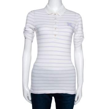 Pre Owned Burberry Brit Off White Striped Cotton Modal Polo T-Shirt XS