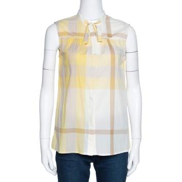 Pre Owned Burberry Brit Yellow Check Cotton Neck Tie Detail Sleeveless Blouse S
