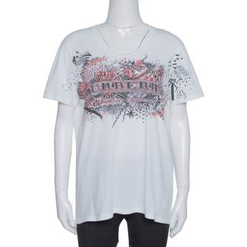 Pre Owned Burberry White Doodle Print Cotton Short Sleeve T-Shirt M