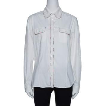 Pre Owned Burberry Off White Stretch Cotton Nova Check Trim Shirt XL
